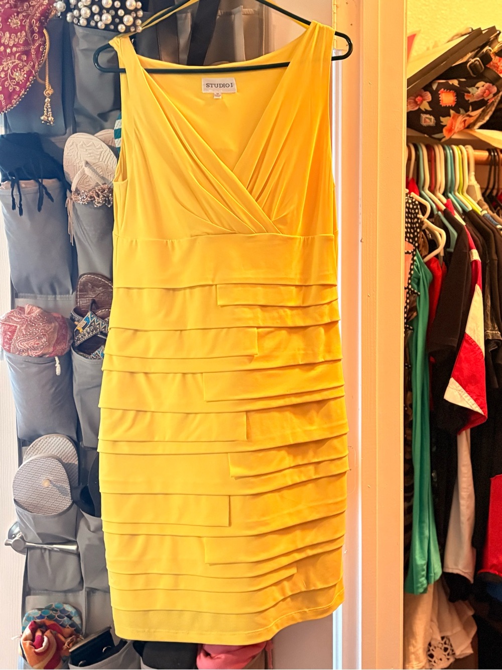 Studio I Bright Yellow Sleeveless Layered Sheath Dress